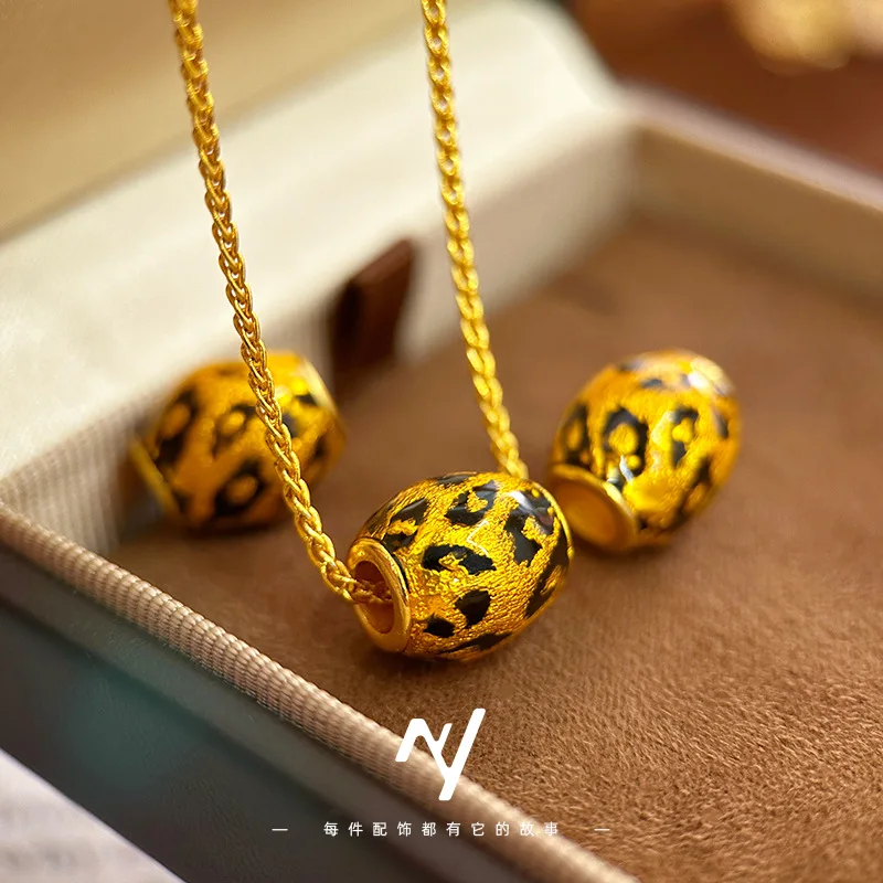 9999 24K Real Gold Diamond Leopard Print Ring Necklace Bracelet Women's Light Luxury High-end Versatile Three-piece Set