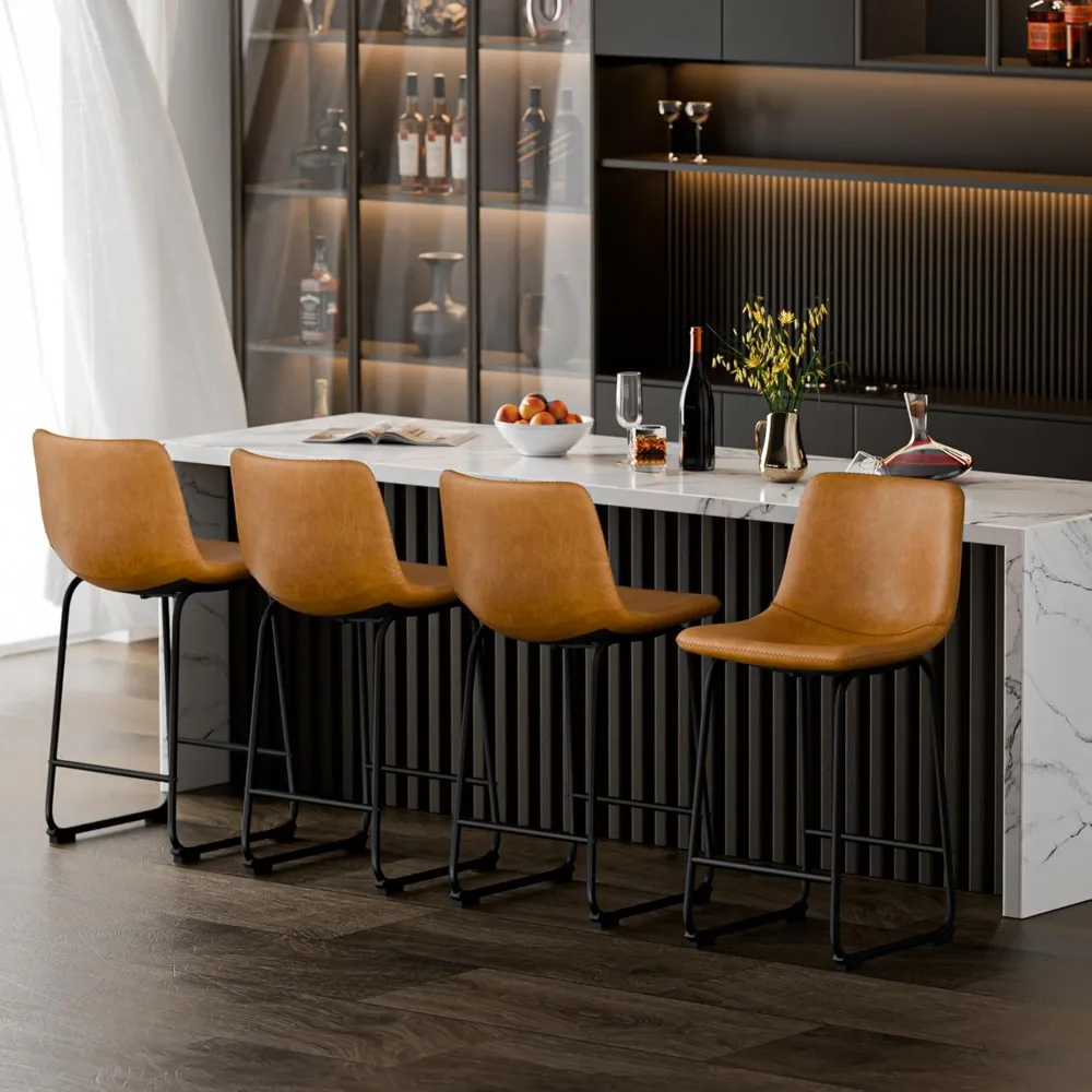 Modern Counter Height Bar Stools with Back, 26 inch Faux Leather Bar Stools with Metal Legs and Footrest Suitable for kitchens