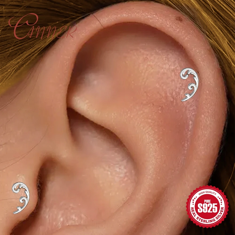 CANNER 925 Sterling Silber Glänzende Wellen/Stern/Blumen Piercing-Ohrringe mit Innengewinde für Damen, INS Schmuck, Persönlichkeits-Mode