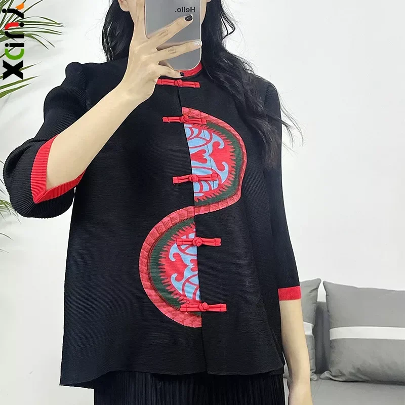 

Miyake Pleated Top New Style 2024 Spring Loose Casual Long-sleeved Printed Color Block T-shirt Women Versatile Slim Pleated Top