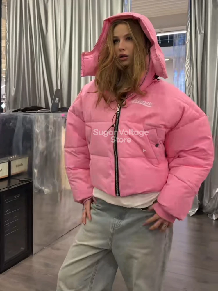 Chaqueta americana Vintage rosa con cremallera para mujer, abrigo de invierno acolchado holgado Unisex, ropa de calle Harajuku, ropa de abrigo informal gruesa y cálida