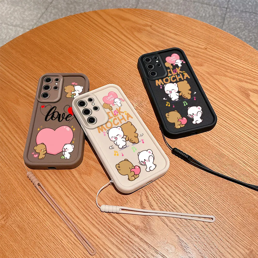 Cute Panda Dudu Bubu Phone Case for Samsung S24 S23 S22 S21 S20 FE Plus NOTE 20 Ultra 5G Soft Silicone TPU Cover with Hand Strap