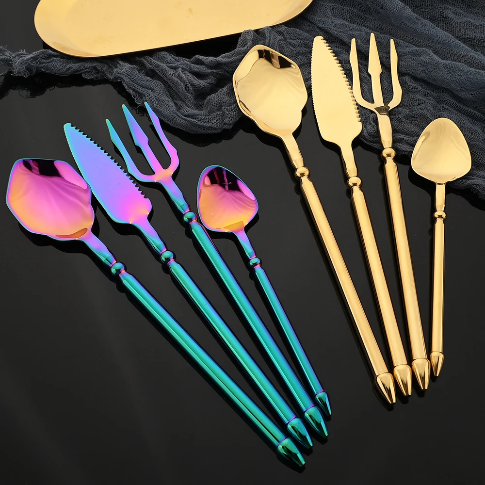 

24Pcs Rainbow Dinnerware Sets 304 Stainless Steel Cutlery Set Western Gold Knife Fork Tea Spoon Tableware Set Party Flatware Set