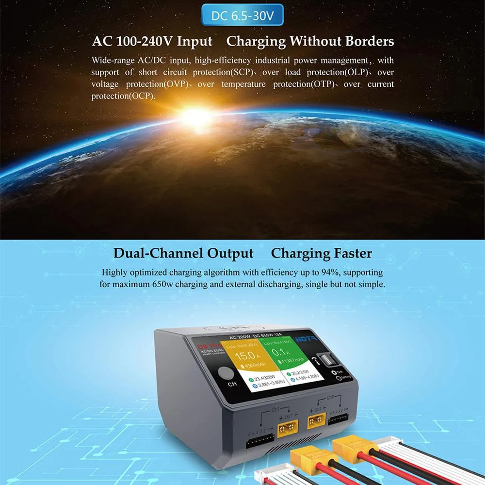 NEW D6 Pro AC 200W DC 650W 15A 2X325W 2X15A 충전기 무선 충전 기능 포함 NiZn/Nicd/NiMH 배터리 RC 드론 부품