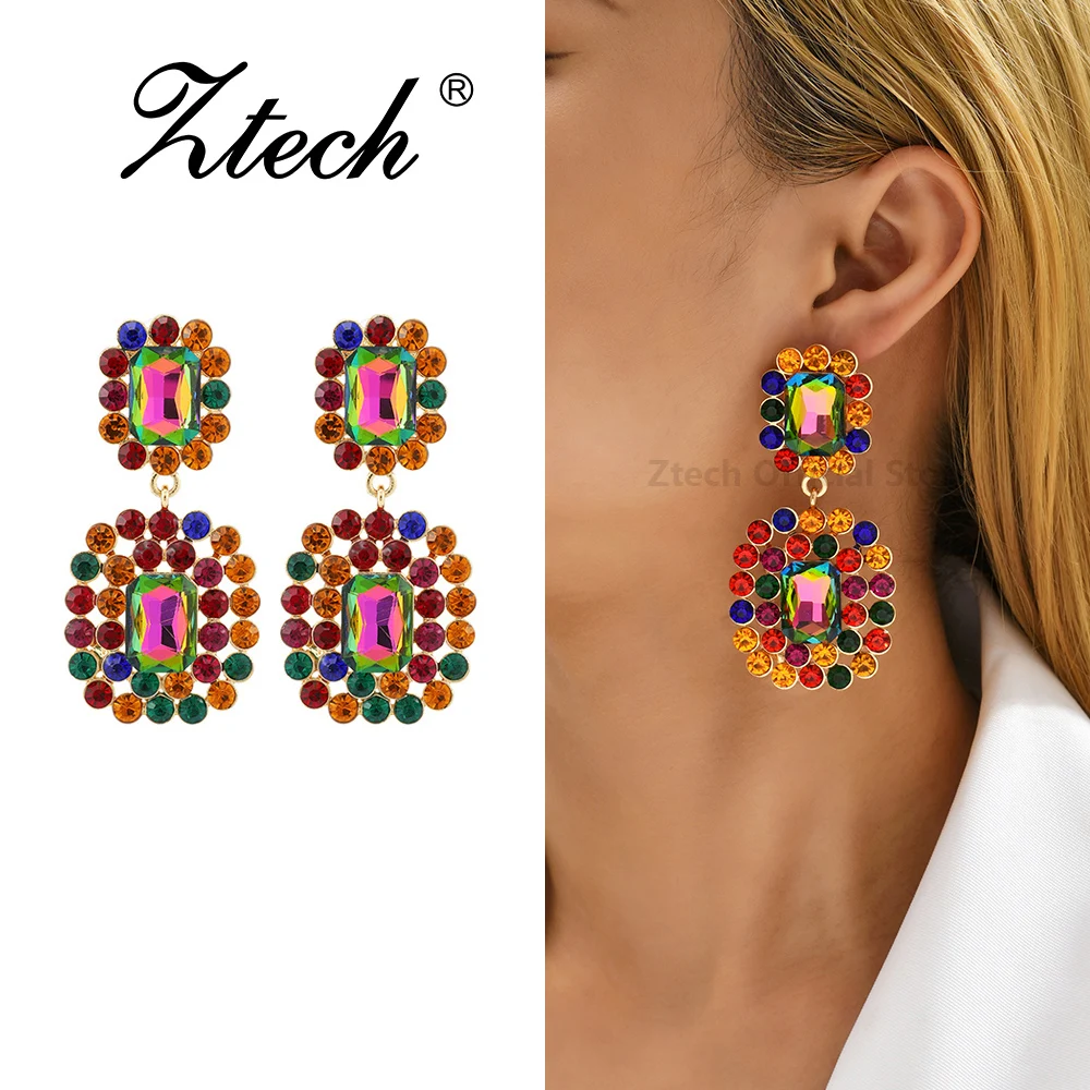 Ztech New Design 6 Color Crystals Earrings Geometric Long Big Drop Earrings Fashion Trend Jewelry Accessories For Women Girls