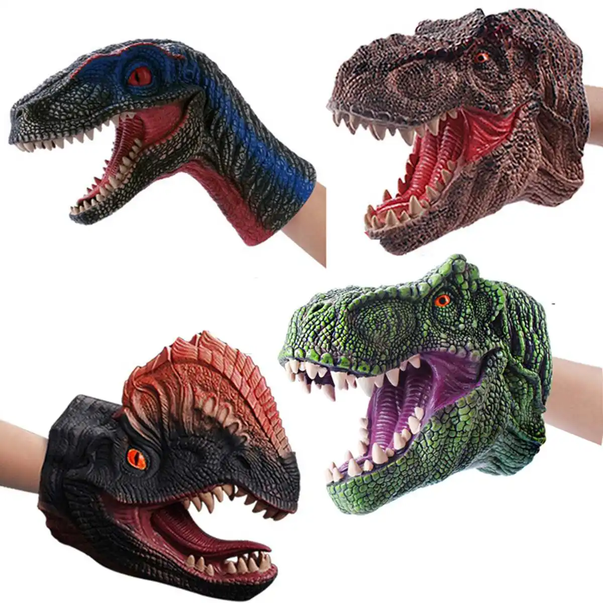 Marioneta de mano de cabeza de Animal de goma de Vinilo Suave, juguetes de figuras, guantes para niños, modelo de regalo de dinosaurio, juguetes de marionetas de mano para niños