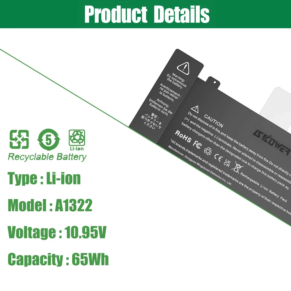 65.5Wh A1322 Laptop Battery for MacBook Pro 13 inch A1278 Mid 2012 2010 2009 Early 2011 Late 2011