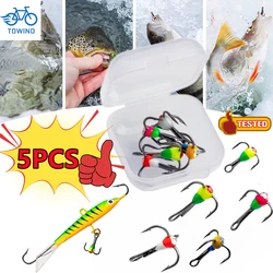 New 5PCS Mini Winter Three-Jaw Hook Ice Fishing Hooks Carbon Steel Durable Sinking Bait Tackle Tools with Case Tool Accessories