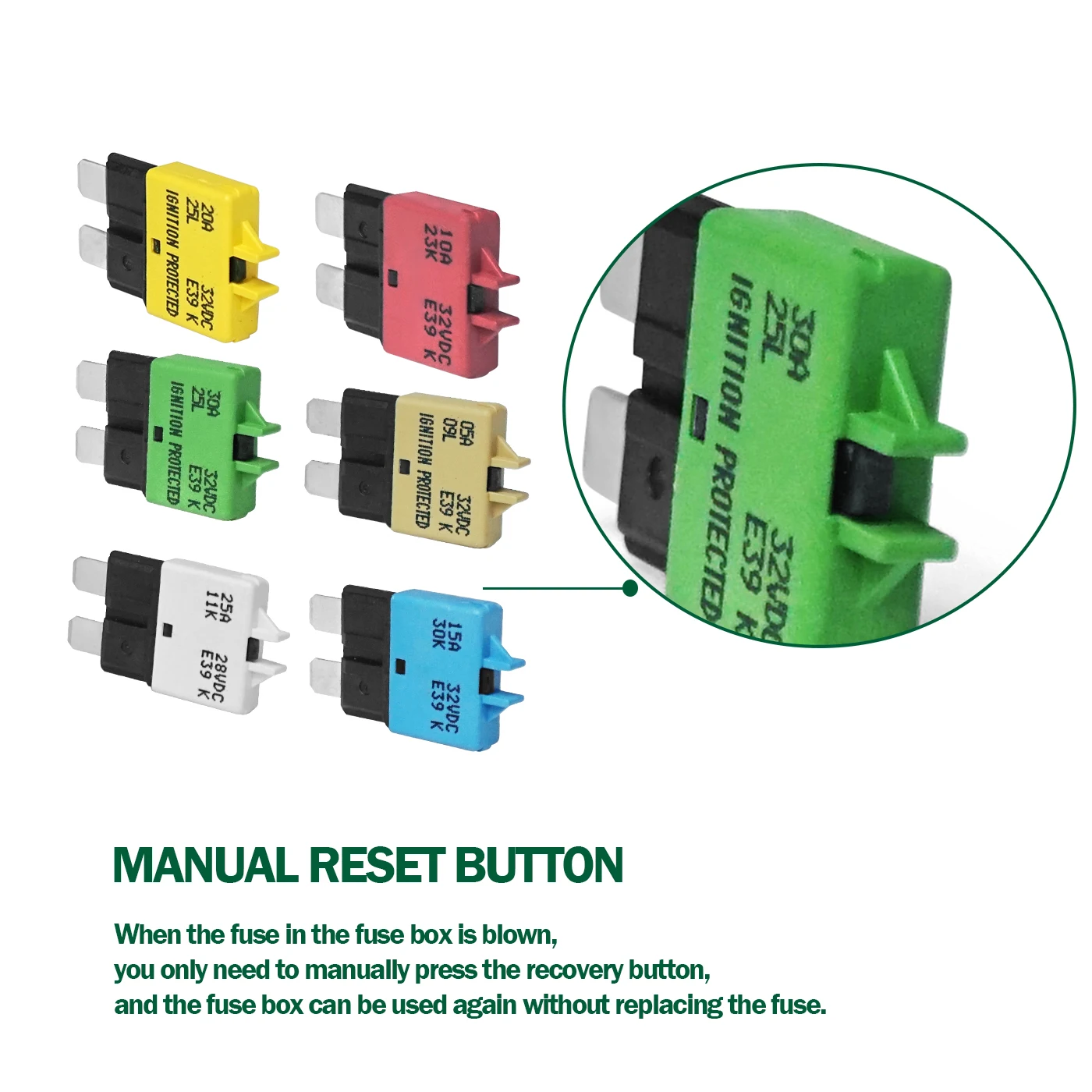 5 Pcs 12V DC Manual Reset Fuses Circuit Breaker Low Profile ATC/ATO 5A 10A 15A 20A 25A 30A Fuse Breakers For RV Camper Marine