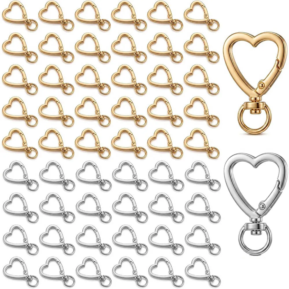 60 pieces of heart-shaped metal keychains, DIY handmade jewelry key rings, in golden and silvery colors