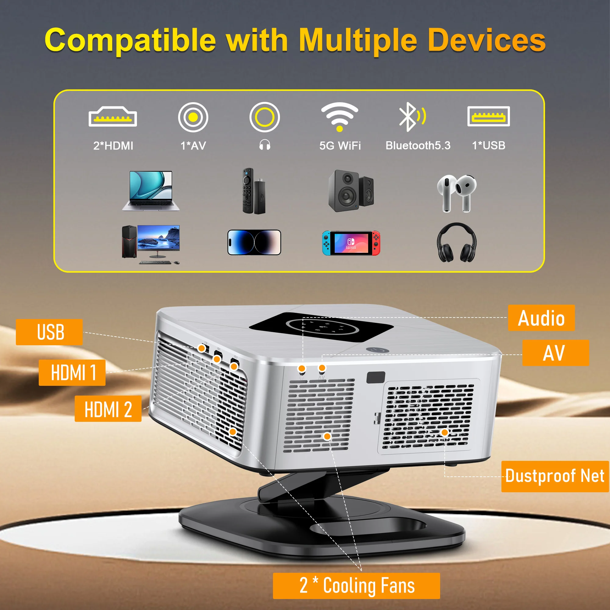 جهاز عرض Horlat 40000 لومن عالي الدقة 1080P جهاز عرض 4K يدعم Android12 WiFi 6 Home ثلاثي الأبعاد مسرح متعاطي المخدرات جهاز عرض خارجي HDR10