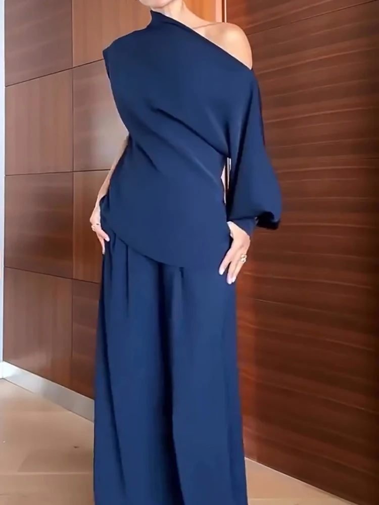 

Ladies Diagonal Collar Long Sleeved Top and Wide Leg Pants Set New Autumn Off Shoulder Commuting Outfit Simple Solid Casual Suit