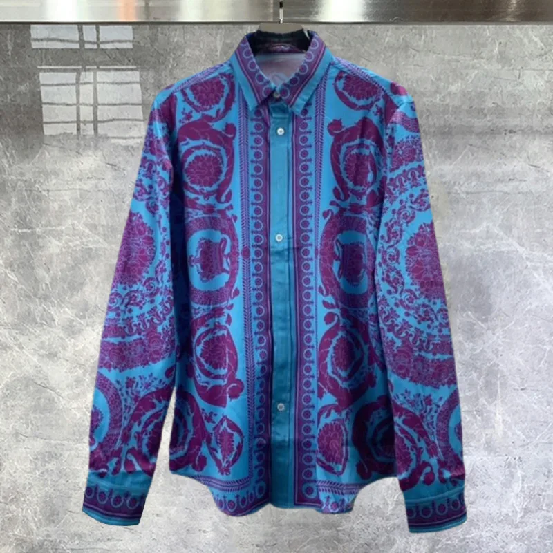 Designer Spring Summer Beach Party Club Shirt Royal Fashion Purple Vintage Pattern Shirt Men Luxury Printed Paisley Shirt Men