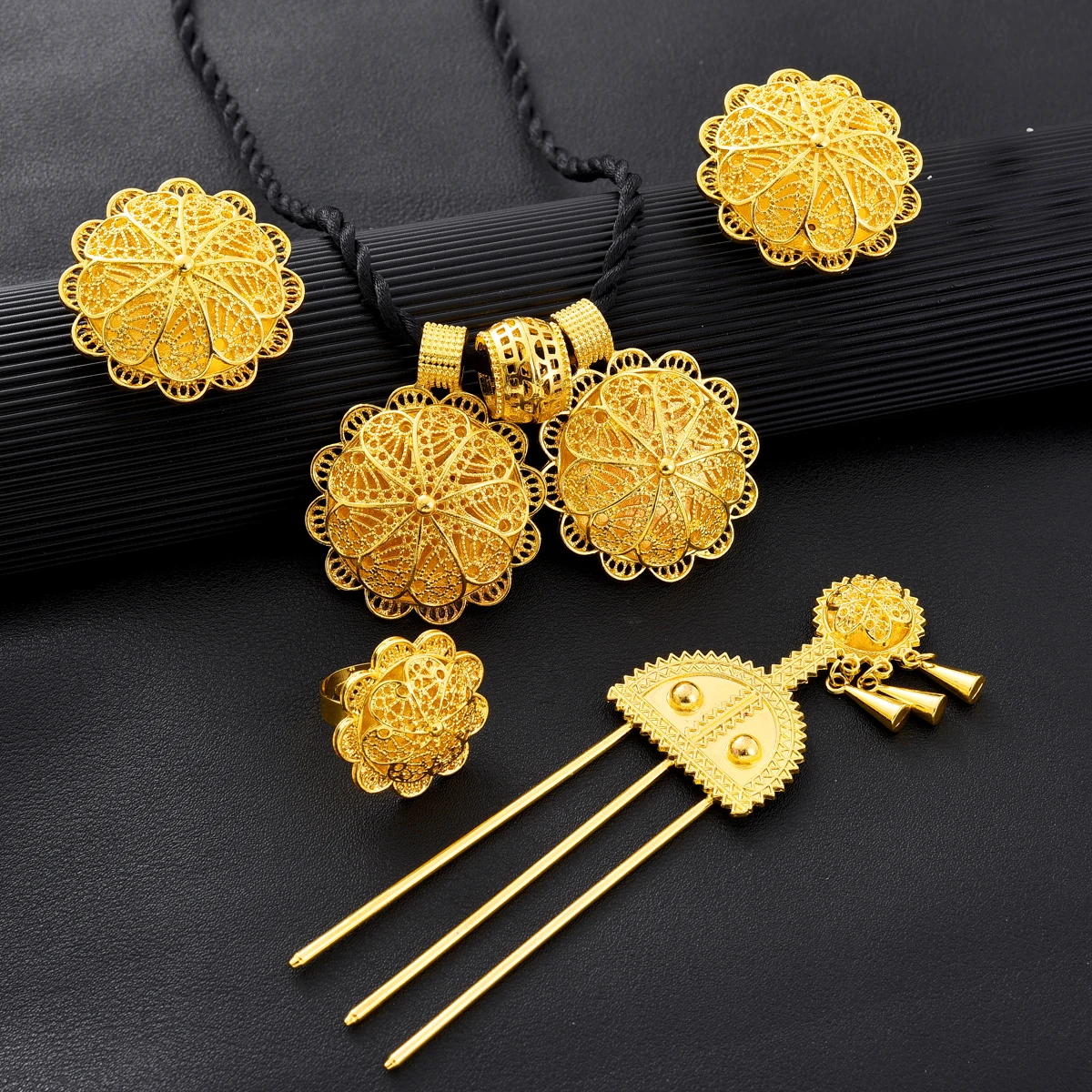 Ethiopian Jewelry sets Pendant Earrings Hairpin Ring 4-Piece Sets African Eritrean Wedding Engagement Ethnic Gifts #072