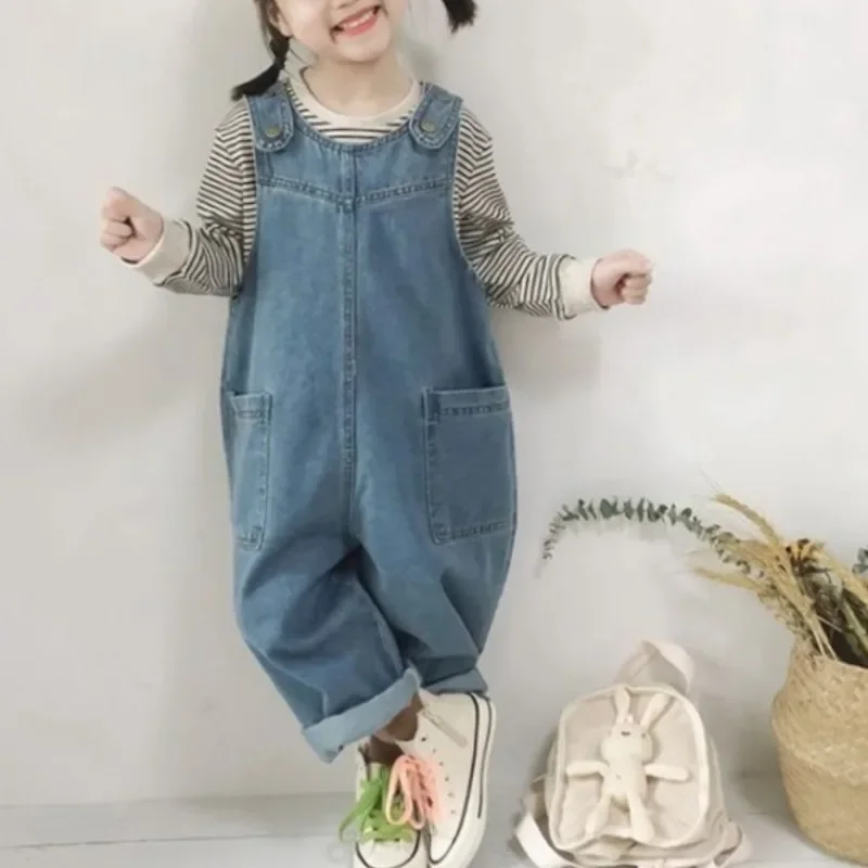 Spring Autumn New Fashion Cute Jean Kids Overalls Korean Loose Casual Popularity Y2K Children's Clothing Jumpsuit Pants E5488