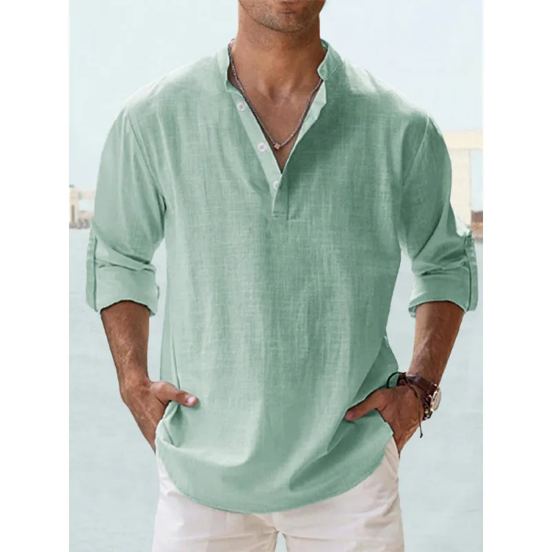 

Men's Lightweight Long Sve Henley Cotton Linen irt Slim Fit Casual Faion Briti Sle Stand Collar Color irt