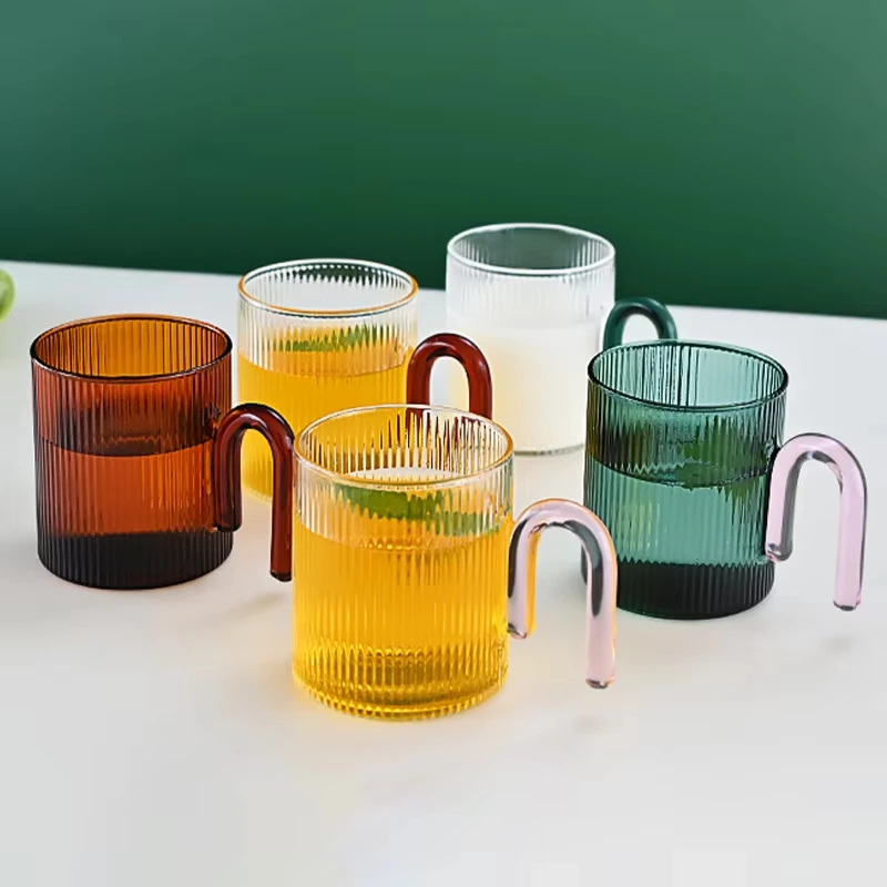 Heat Resistant High Borosilicate Glass Mug with Color U-Shaped Handle Breakfast Flower Tea Cup Pattern Milk Coffee Cup