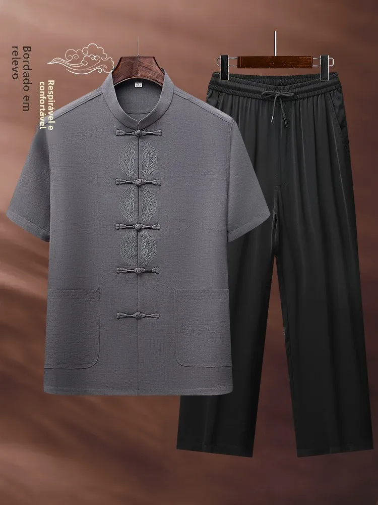 ice-silk-short-sleeve-set-men's-summer-clothes-style-dad's-clothing-traditional-chinese-tang-suit-elderly-men's-fashion