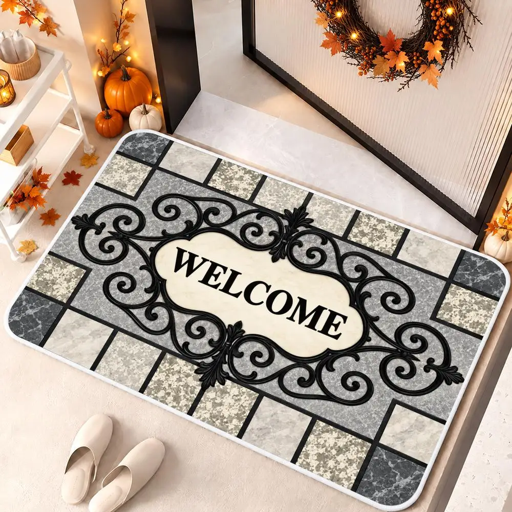 Ornate Tile Welcome Floor Mat Soft Flannel Floor Mat Cloud Feel Non-slip Bath Rug Machine Washable Foam Carpet Door Mat