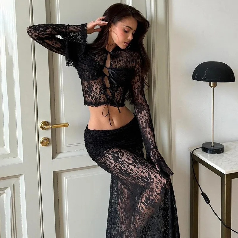 

2025 New Lace Sheer Two-Piece Set Strappy High-Waist Long Dress for Womens Spicy Girl Fashion Party Night Out