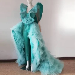 Special Desigend Turquoise Jumpsuit Prom Dresses With Tiered Tulle Detachable Train Ruched Shoulder Fashon Beaded Prom Gowns