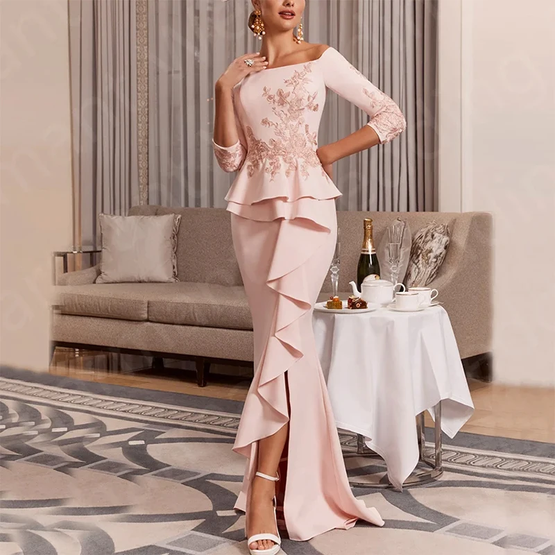 

Pink Off the shoulder Mother of the Bride Applique Side Slit Flounce Dress For Wedding Customized robe de soirée