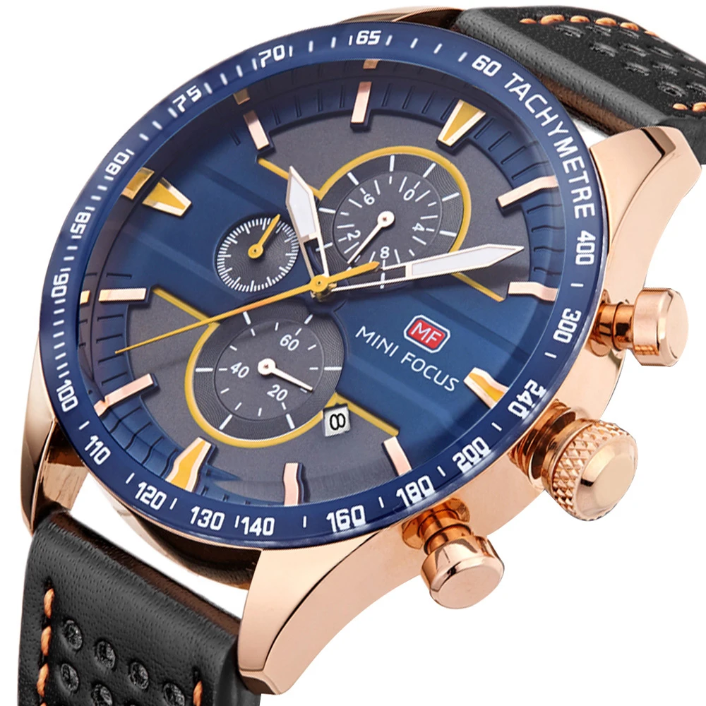 MINI FOCUS MF0002G Fashion Men Wrist Chronograph Watch Quartz Date Clock Luxury Leather Waterproof Sports Watches