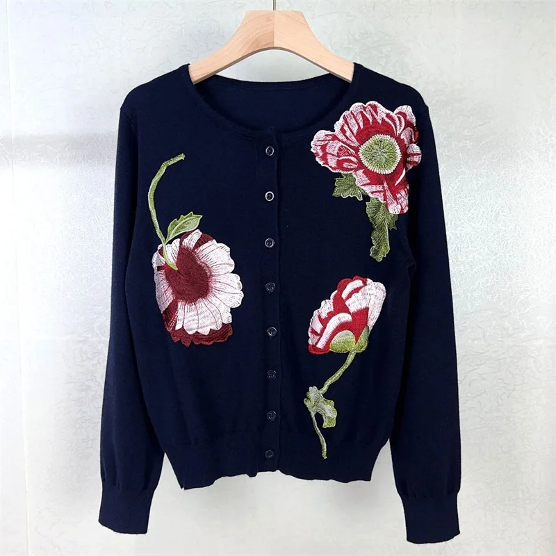 Cardigan for women 2024 Autumn New Flower Embroidered Long Sleeve Top Wool blend knitwear Elastic knit slim fit women\'s sweater