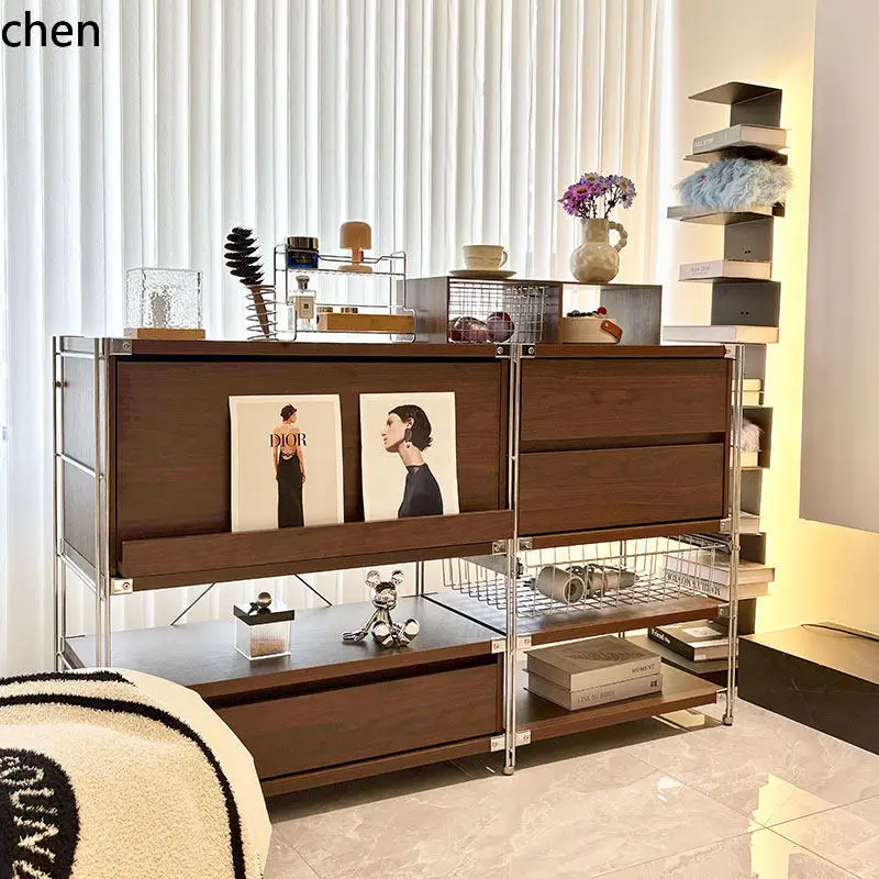 CZ Walnut-colored vintage-style magazine cabinet coffee machine storage cabinet, record player storage cabinet sofa side cabinet