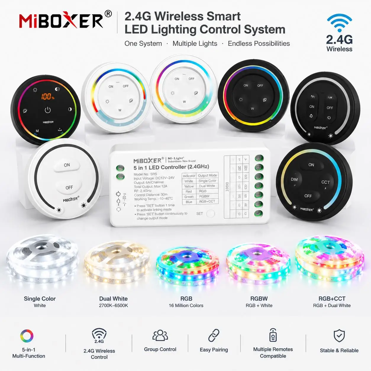 MiBoxer DC12-24V 2.4GHzRF SR5 K6 FUT087 S2W+ 5In1 Single/Dual white RGB RGBW RGB+CCT COB smart Led Strip Light Dimmer Controller