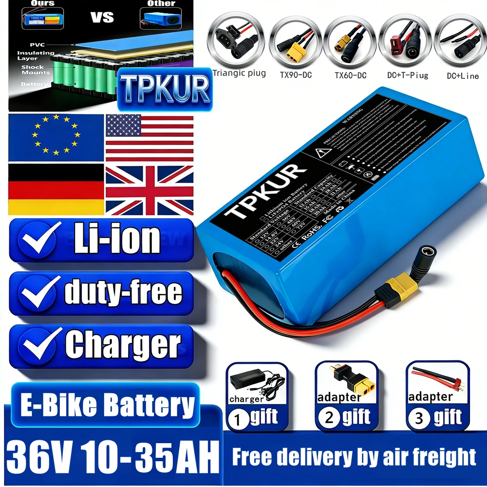 TPKUR High Capacity 18650 Lithium Battery Pack 36V 10S6P 12AH 16AH 20AH 26AH Built-in BMS For 250-1500W Electric Scooter Ebike