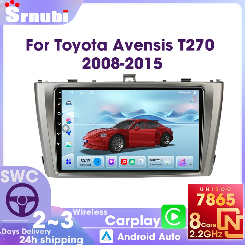 Lecteur multimédia GPS Android Auto, autoradio, Carplay pour Toyota Avensis 2008-2015, écran QLED avec éclairage par bouton, WIFI, accessoires automobiles