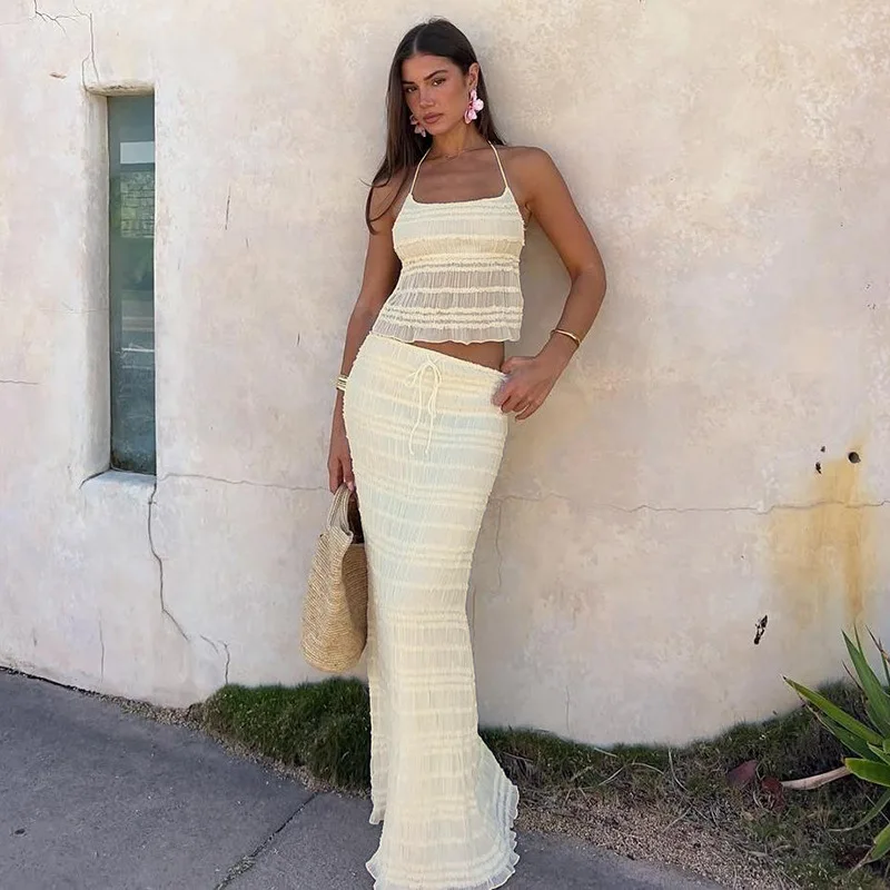 

2025 Summer New Chiffon Maxi Dress Set for Women Open Back High Waist Straight Cut Ruffle Two Piece Wedding Guest Beach Outfit