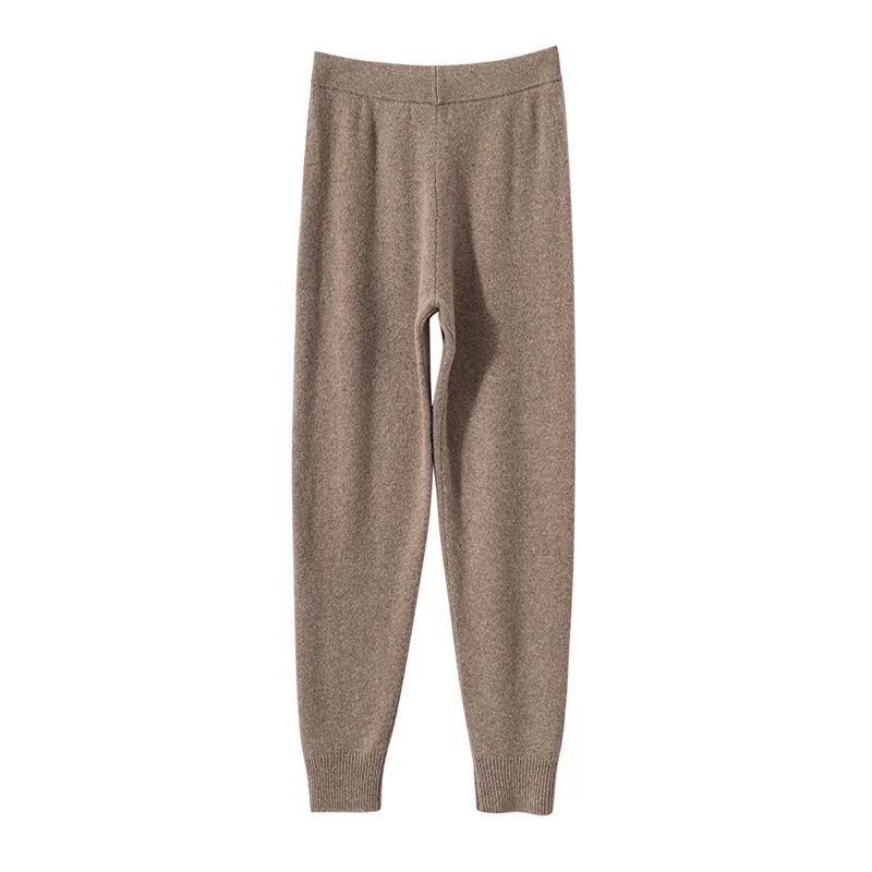 Women's Knitted 100% Wool Pants with Double Pockets and Elastic Waistband for Autumn and Winter, High Stretch Sports Style Pants