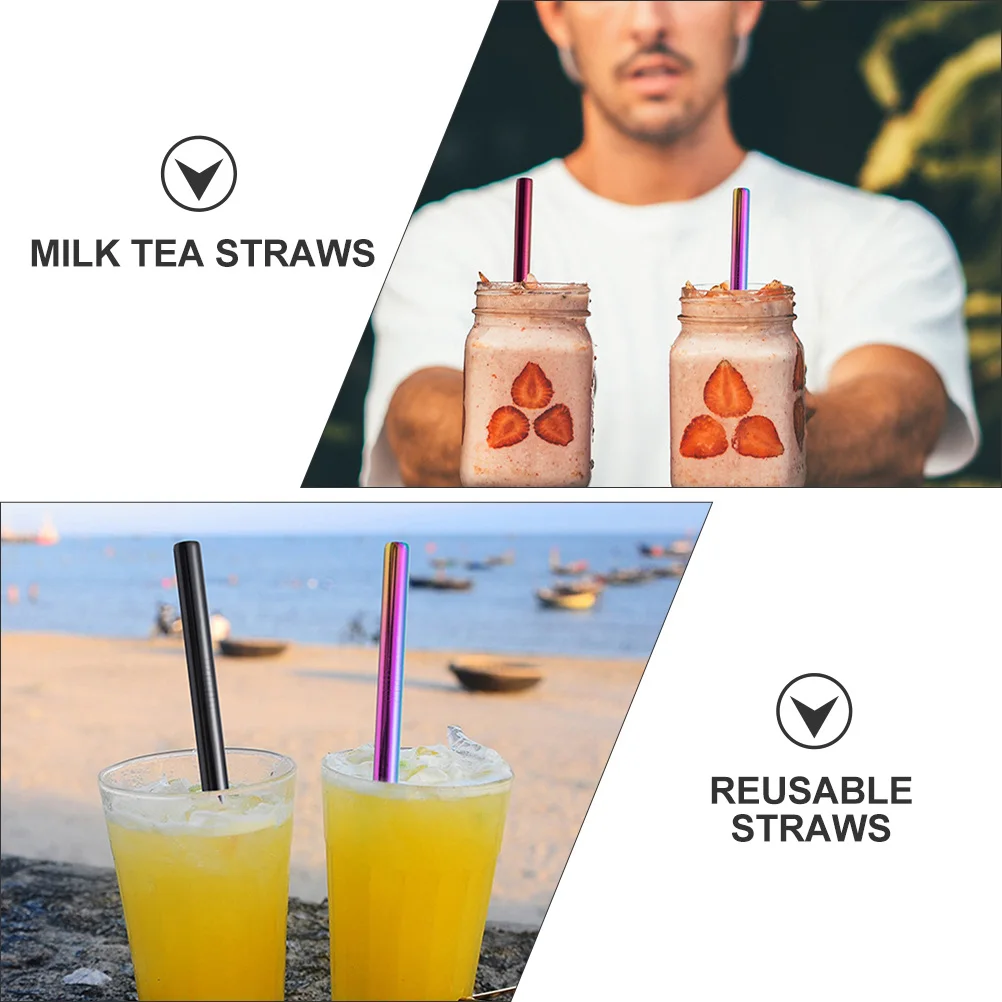 

8 piece Stainless Steel Straws Set Reusable Milk Tea Drinking Straw Stirrers Portable Camping Kitchen Storage Bag