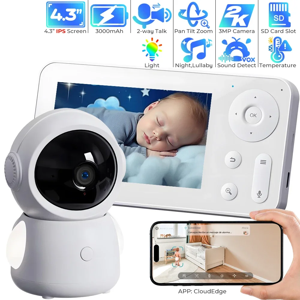 WiFi Baby Monitor with App Control 2K 3MP Baby Camera Monitor 4.3” Screen Night Vision 2-Way Talk Baby Phone RGB Light SD Card