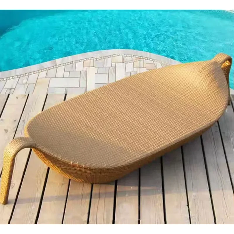 Outdoor Pool Leaf Design Waterproof Thick Aluminum Frame PE Rattan Hand Woven Daybed Chair Sun Bed Chaise Loungers