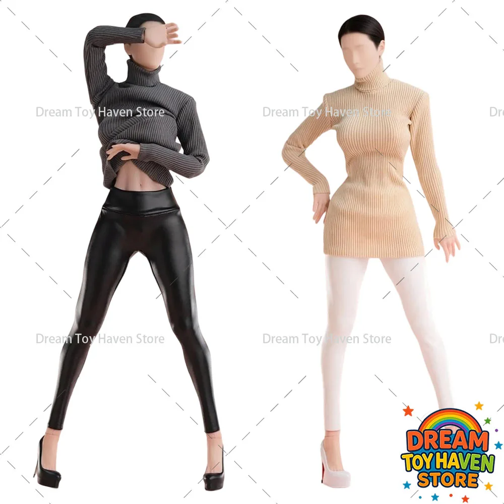 Worldbox CA031 1/6 Female Soldier High-Neck Bodycon Dress Sweater Black Tight Leather Pants Set Fit 12Inch Action Figure Dolls