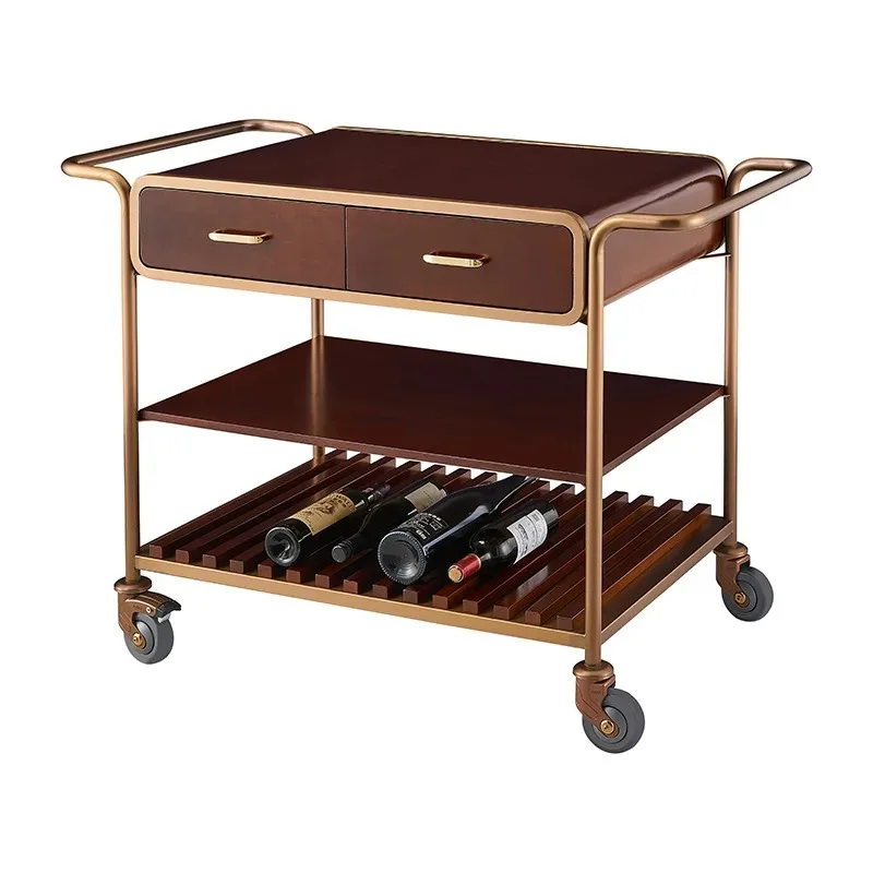 Private black wine cart with double drawer wooden service cart