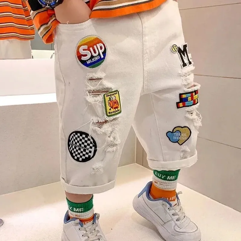 Kids Shorts For Boys bBaby Cotton Pants Summer Cropped Trousers 2021 Children\'s Thin Section Ripped Shorts Big Boy Jeans 3-9Y