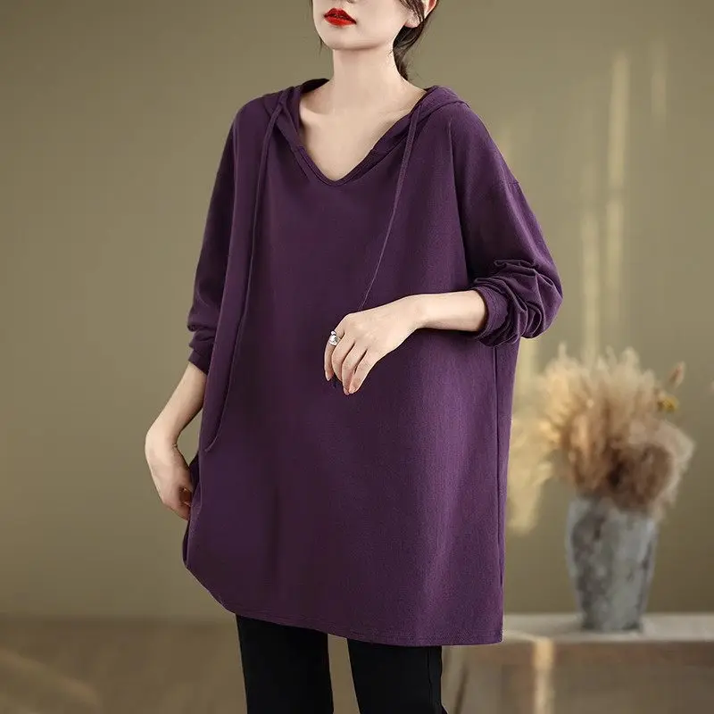 

Simple Solid Color Long Sleeved Hooded T Shirt For Women In Spring And Autumn 2024 Korean Style Loose Versatile Casual Top K2468