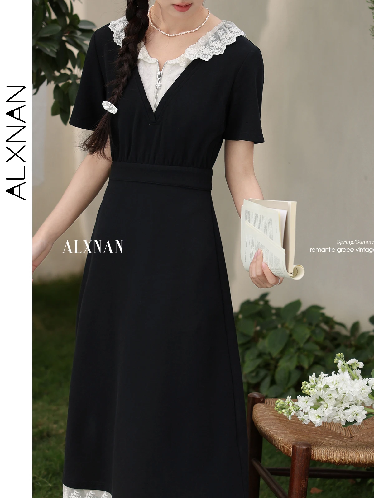 ALXNAN Plus Size Damen Schwarzes Kleid Langes elegantes Spitzen-Patchwork-Midikleid 2025, Sommerurlaub, Baumwolle, Damenbekleidung D10173