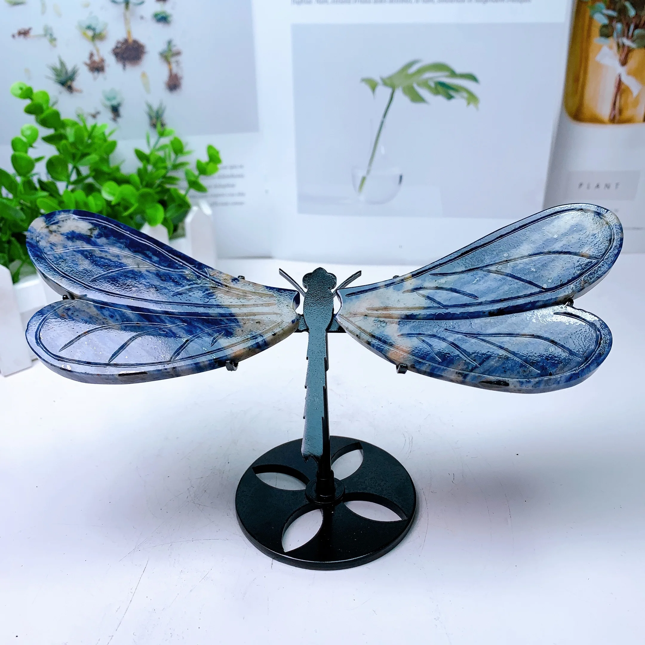 Natural Blue Sodalite Dragonfly Wings with Stand Energy Gemstone, Healing Stone, Home Decoration, 1Pair