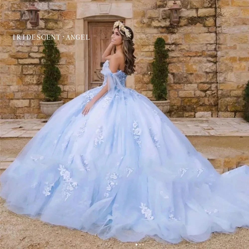 IRIDESCENTE Cielo Blu Perline Tulle Abito da ballo Romantico Abito Quinceanera Applique Dolce 16 Ragazze Brithday Occasione formale Personalizza