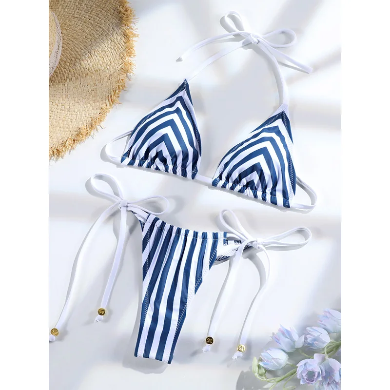 Rinabe Stripe Bikinis Printed Bikini Triangle Bathing Suits Set Sexy Thongs Swimsuit For Women 2026 Summer Beachwear