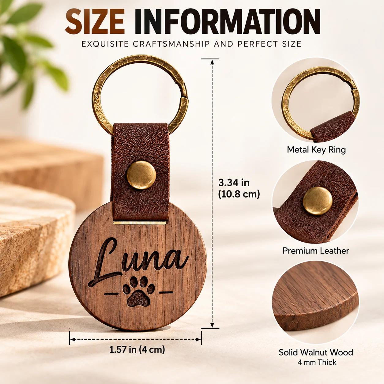 Custom Engraved Walnut Wood Keychain Personalized Name Keyring with Leather Loop for Friends Family Travel Keepsake Gift Idea