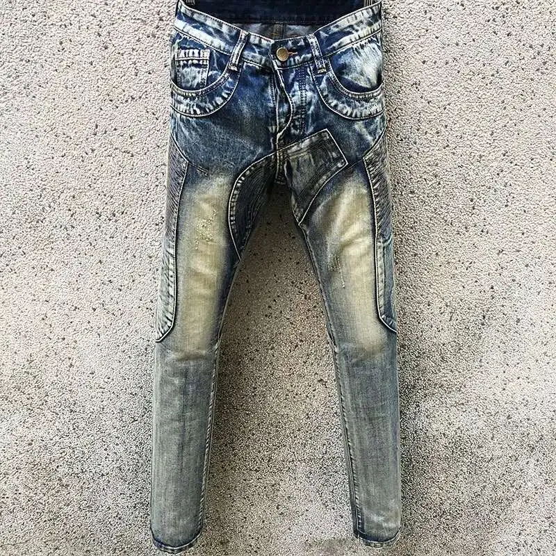 

Retro Locomotive Jeans Hip Hop Men Stretch Slim Jean Fall Designer Jean Men Motorcycle Patchwork Fashion Brand Jean High Street
