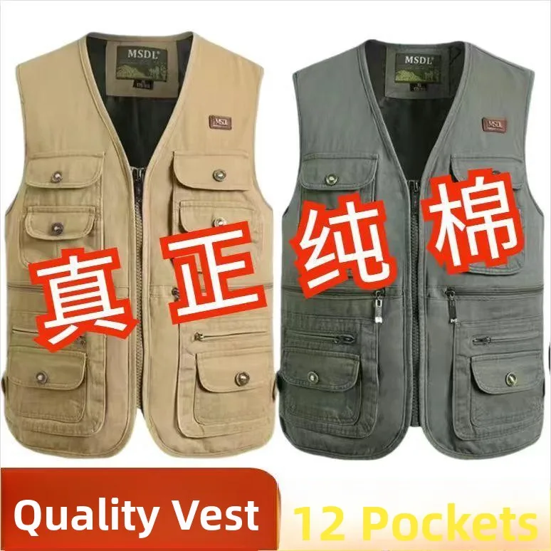 

Жилет из чистого хлопка, мужская одежда для фотофой, верхняя одежда для среднего возраста и ли, V-Ne, спецодежда в стиле милитари