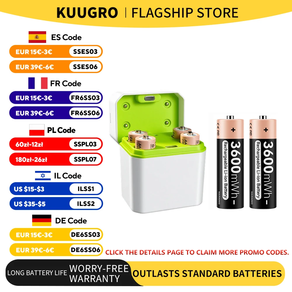 

Kuugro 1.5V AA 3600mWh AAA 1300mWh Rechargeable Battery with 4 Slot Battery Charger for Toy Game Console Mouse Remote Doorbell