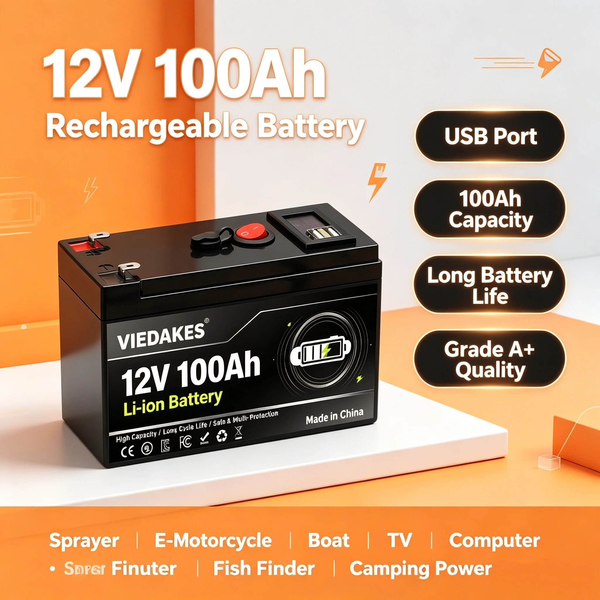 New 12V 100Ah Lithium-Ion Battery USB port for Power Supply, LED Lighting, with Charger Built-In BMS 4000+ Deep Cycle Release